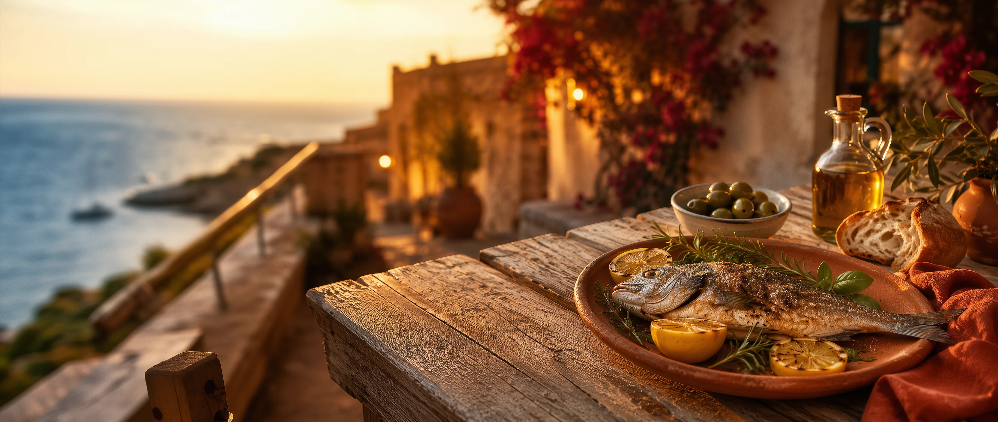 Plat méditerranéen au poisson, citron, olives et vue sur la mer